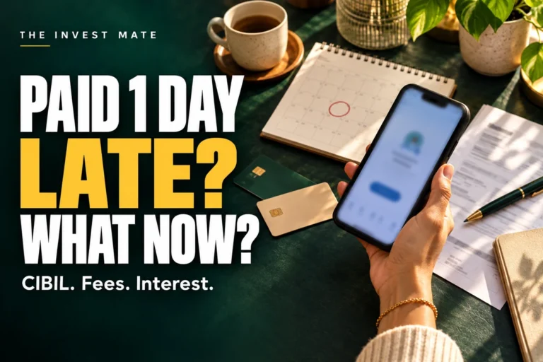 Cover headline: Paid 1 day late? What now? CIBIL, fees and interest, with an illustrative phone, card and calendar scene.