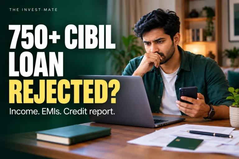 Cover headline: 750+ CIBIL, loan rejected? Income, EMIs and credit report. AI-generated borrower illustration.