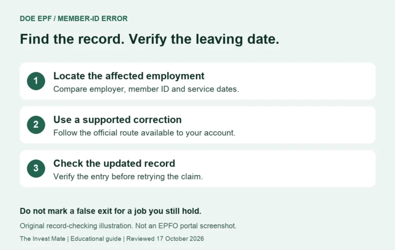 Three-step EPF exit-record checklist: locate the affected employment, correct supported data and verify the record before retrying.