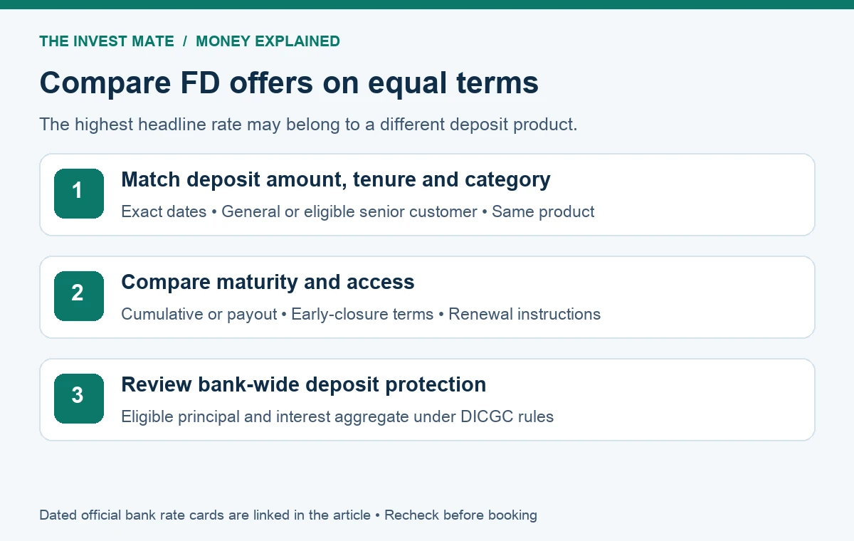 Fixed-deposit comparison checklist for equal terms and bank-wide protection