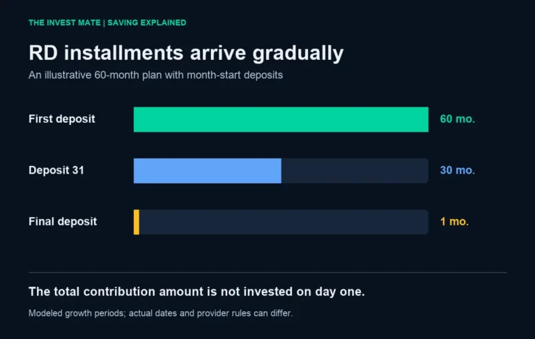 RD installment timing illustration: first deposit grows for 60 modeled months, deposit 31 for 30 months and final deposit for one month.